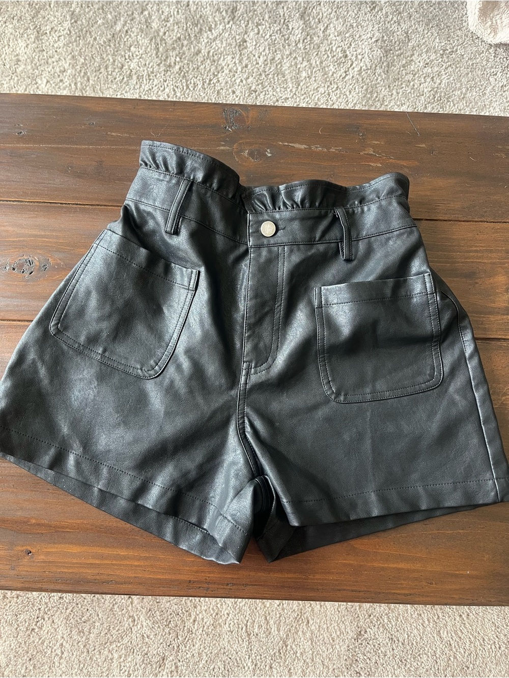 Alya Black Faux Leather High-Waist Pocket Shorts